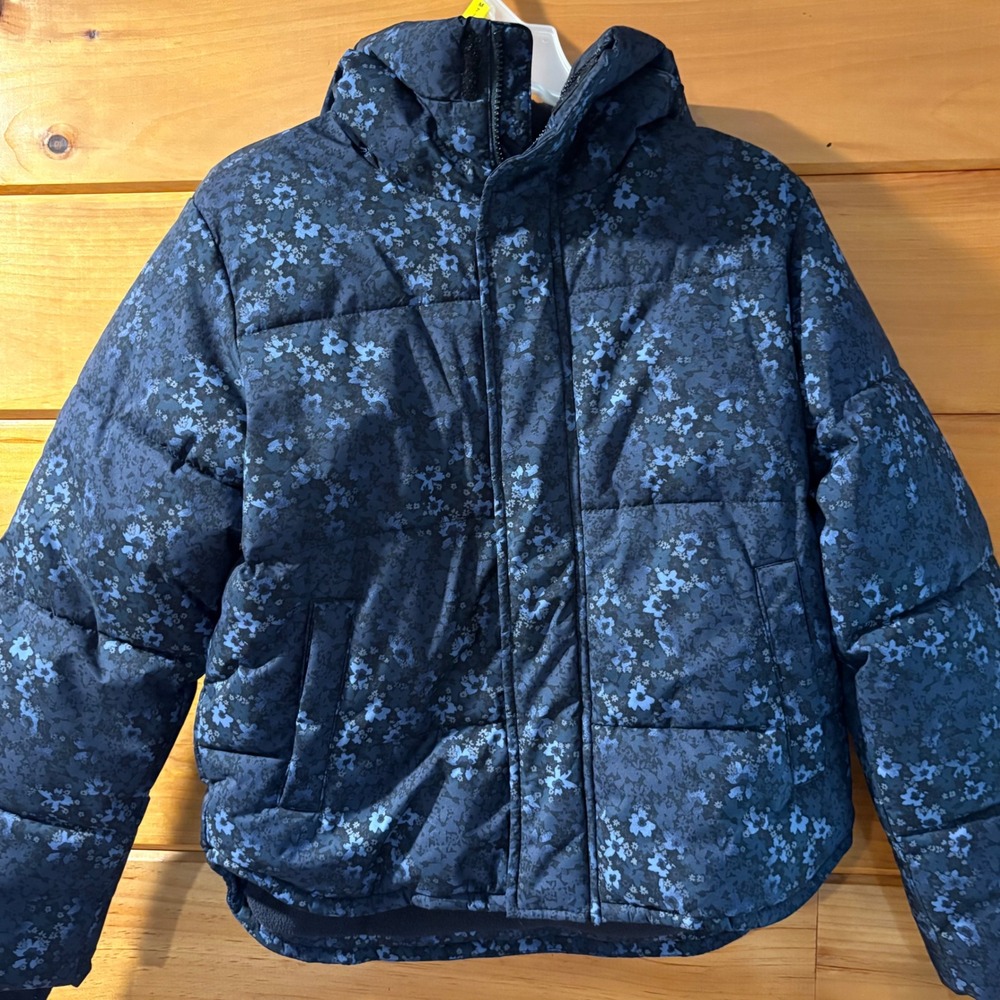 All In Motion Girls Large 10/12‎ Blue Floral Puffer Jacket Hooded VN1985253